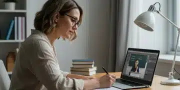 Adult woman focused on laptop, studying for online certification