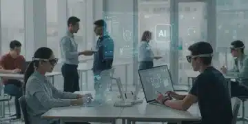 Students and teachers collaborating with AI learning tools in a modern classroom