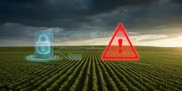 Digital alert over agricultural data platforms, symbolizing a major cybersecurity breach impacting future harvests.