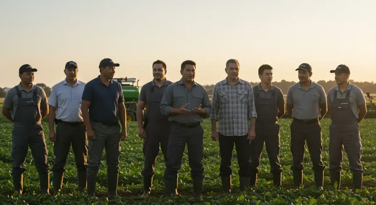 Diverse farmers discussing new aid package in a field