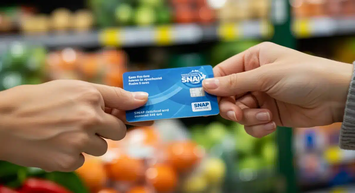 Hand holding EBT card at grocery store checkout