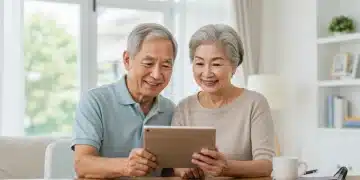 Smiling elderly couple reviewing Social Security benefit projections on a tablet