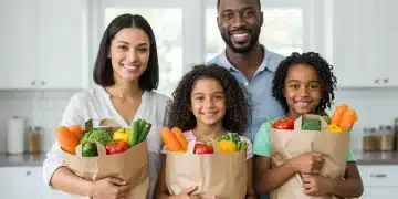 Smiling family with grocery bags, symbolizing SNAP benefits assistance