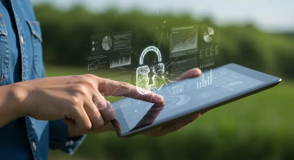 Farmer using a compromised tablet with agricultural data, illustrating the impact of a cyberattack on farm management.