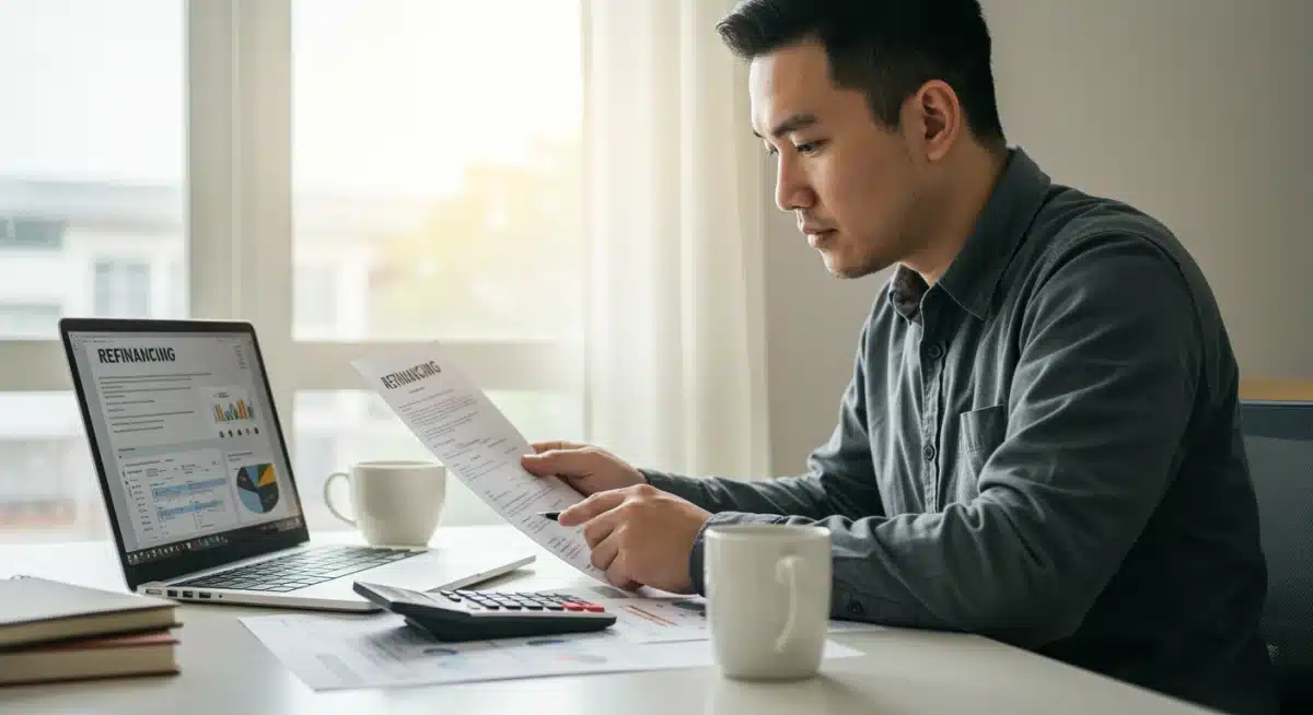 Homeowner reviewing mortgage refinance options and financial documents on a laptop.