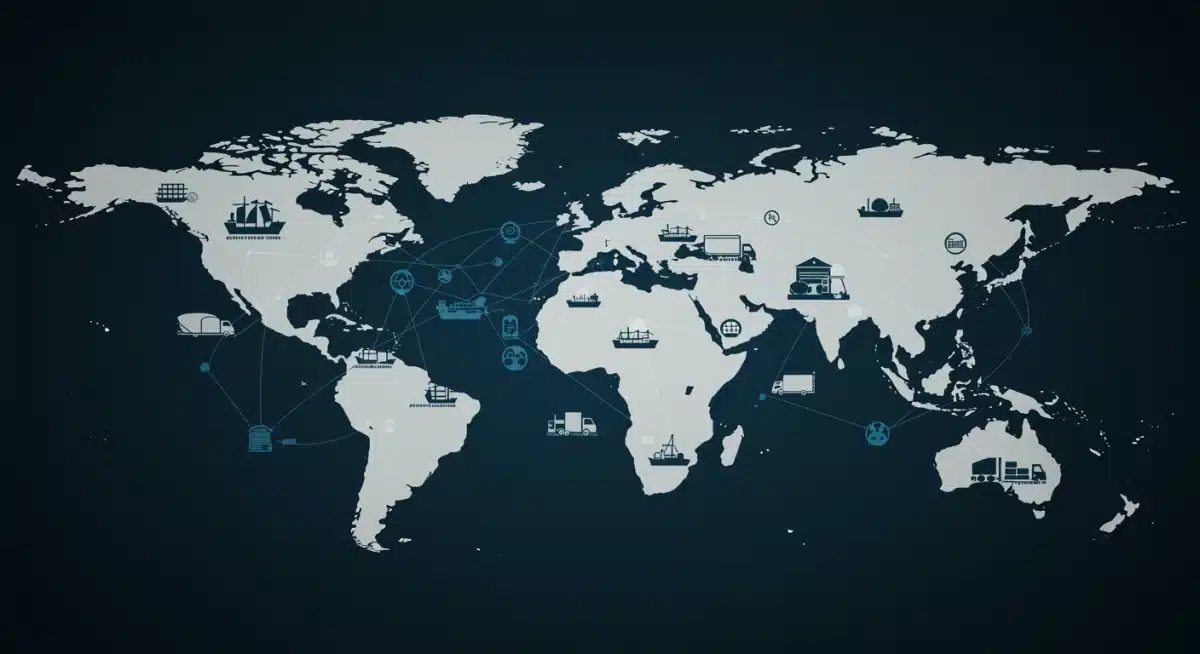 Global supply chain network with icons of transportation and warehouses, illustrating distribution challenges.