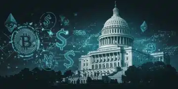 Digital currency symbols merging with US Capitol, representing evolving regulations.