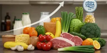 Illustration of various food items with a rising graph and USDA logo, representing increasing food prices.