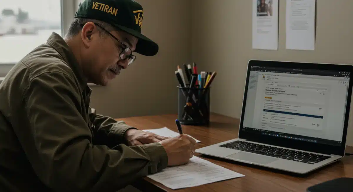 Veteran filling out benefit application forms at a desk