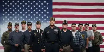 Diverse group of veterans standing with an American flag, representing support and financial security