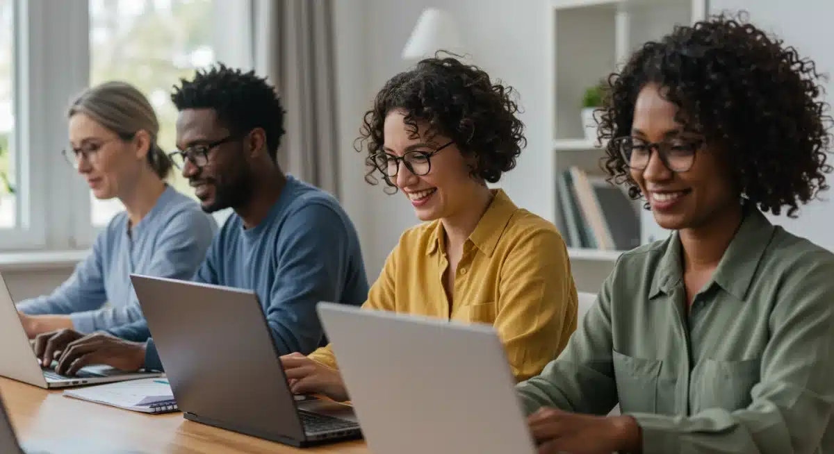 Diverse adult learners collaborating virtually on online course material