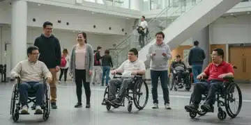 Diverse individuals with disabilities accessing public services, symbolizing ADA benefits and inclusion in 2025.