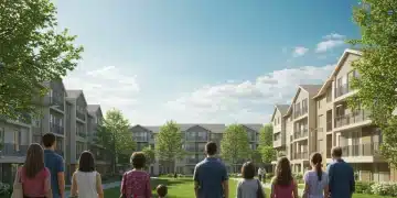 Diverse community viewing modern affordable housing development