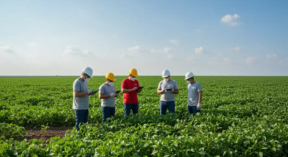 Agricultural workers inspecting crops in a field, highlighting modern farming and safety monitoring.