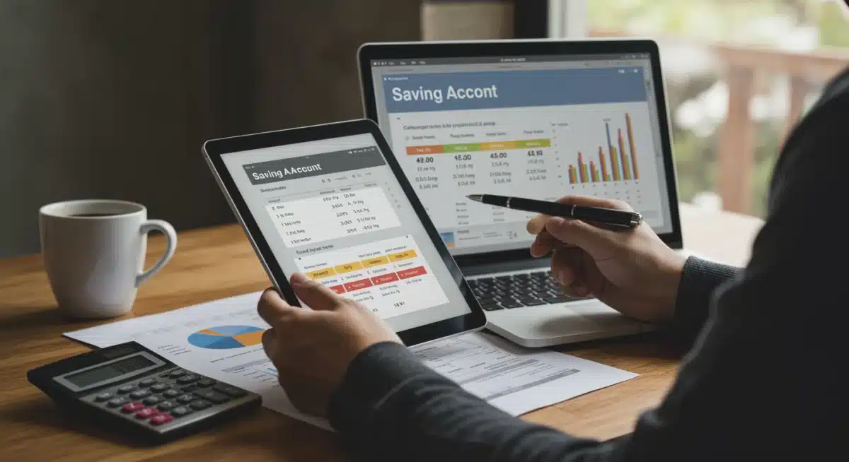 Individual comparing high-yield savings account options on a digital device.
