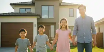 Happy family with two children standing outside their home, symbolizing financial well-being from Child Tax Credit 2025.