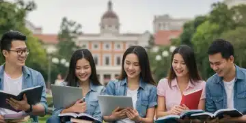 Diverse college students studying on a modern campus, symbolizing educational opportunity.