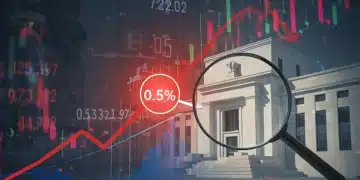 Financial chart with rising interest rates and Federal Reserve building