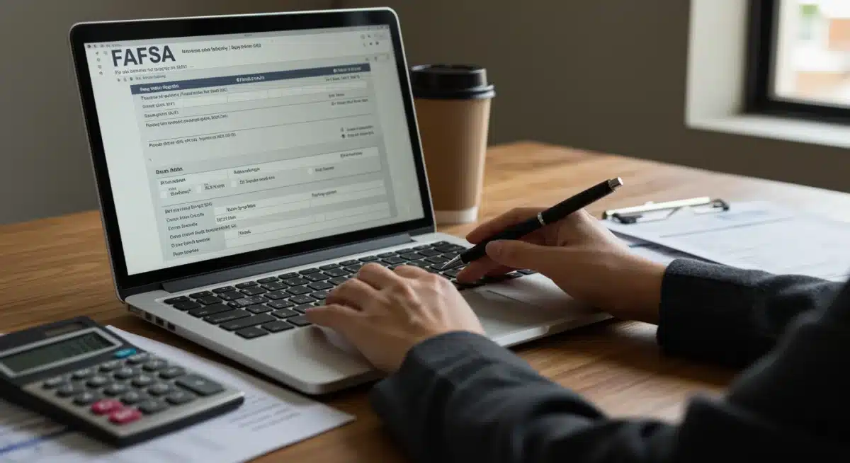 Person filling out a digital FAFSA form on a laptop with financial documents.