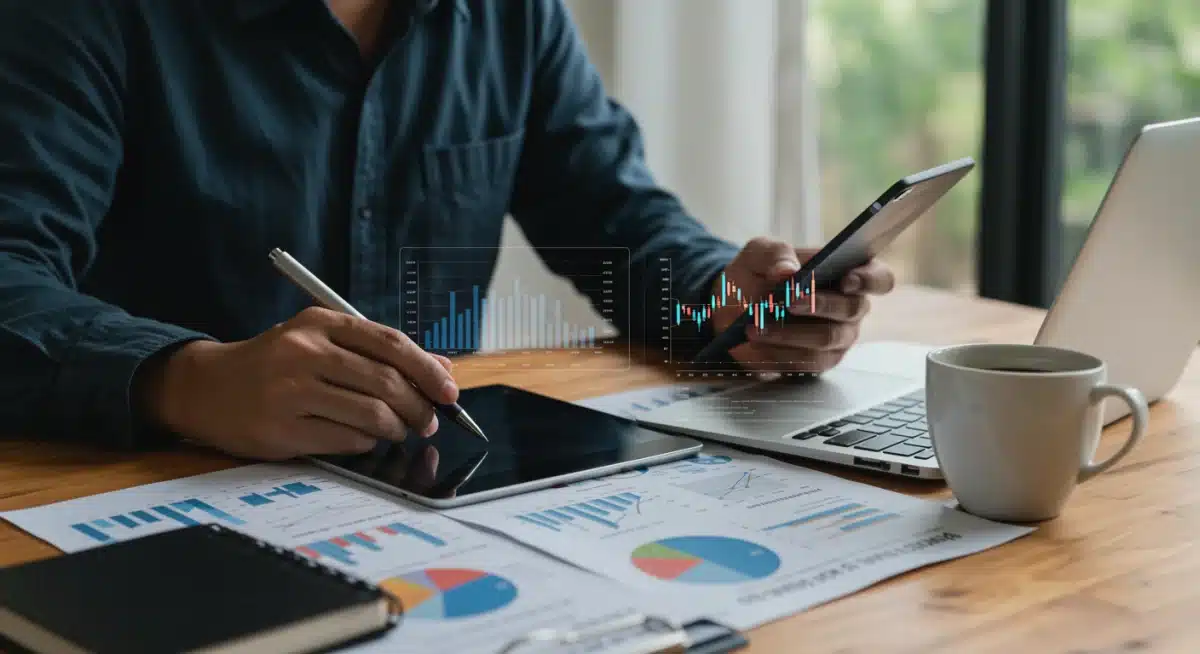 Investor analyzing financial data and graphs on a tablet and laptop