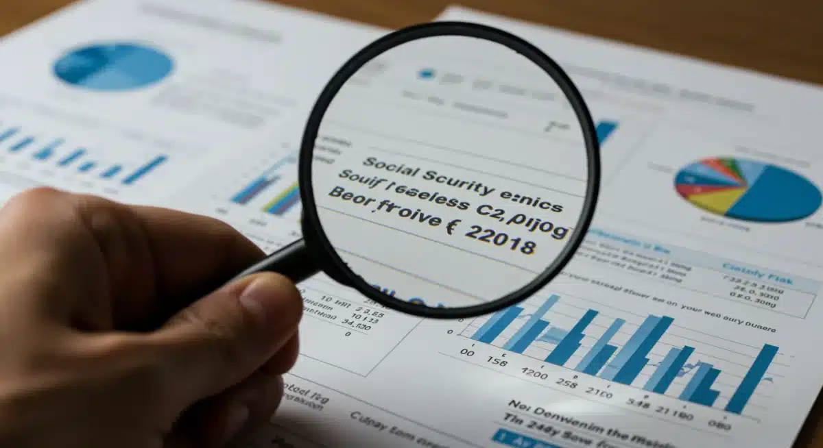 Magnifying glass over Social Security benefits document