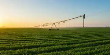 Advanced irrigation system in a sustainable farm field at dawn
