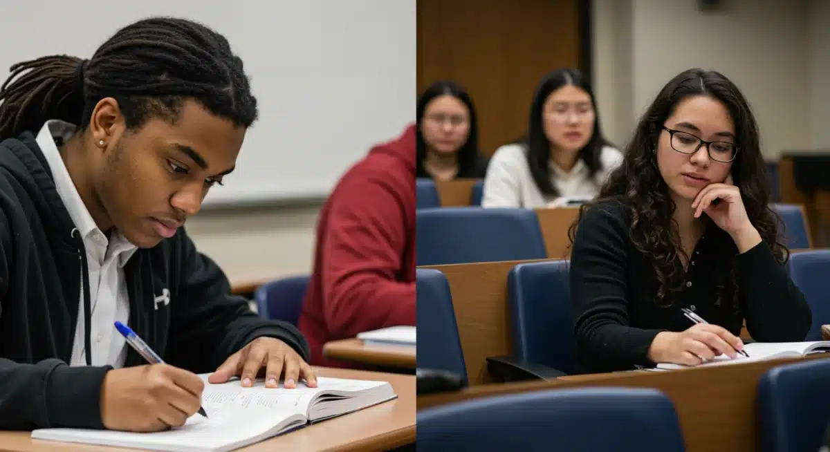 High school student studying and college student in lecture, representing dual enrollment