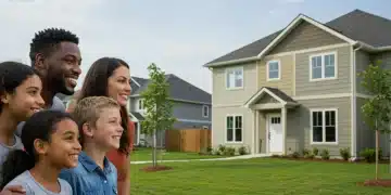 Family smiling in front of a new home, representing federal housing assistance benefits.