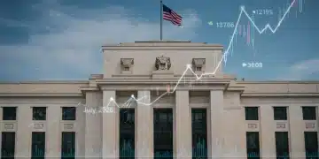 Federal Reserve building with rising interest rate charts and July 2026 date