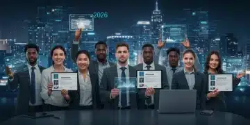Diverse job seekers proudly displaying digital certifications for future career success in 2026.