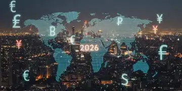 Futuristic digital currency landscape with CBDC symbols and global data flow.