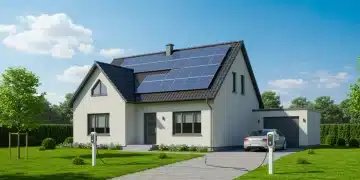 Modern energy-efficient home with solar panels and electric car charger