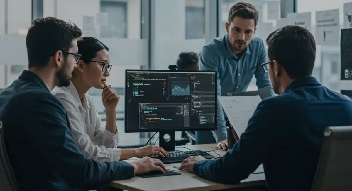 Professional team collaborating on a tech project, applying advanced certified skills.