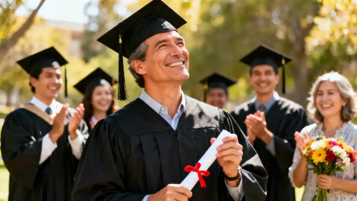 Adult student smiling and holding a diploma at a graduation ceremony, symbolizing academic achievement and success.