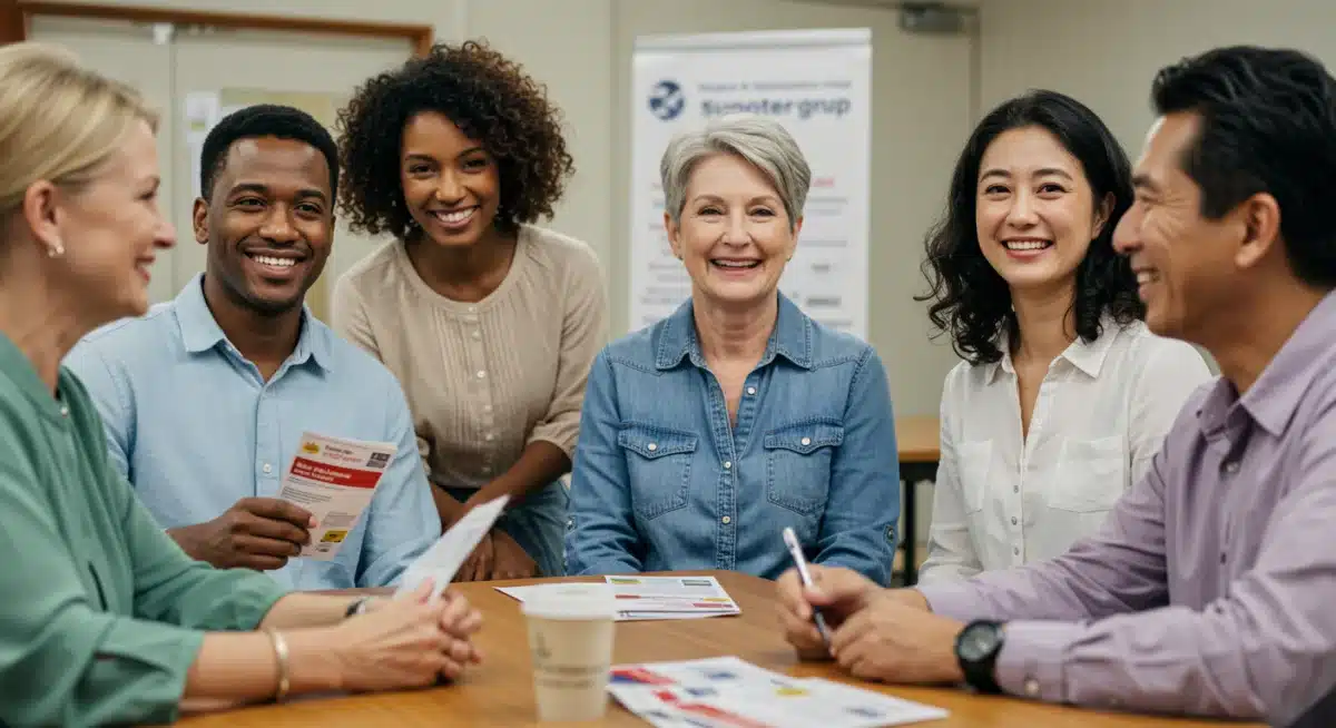 Diverse group of caregivers and care recipients at a support group meeting discussing federal benefits.