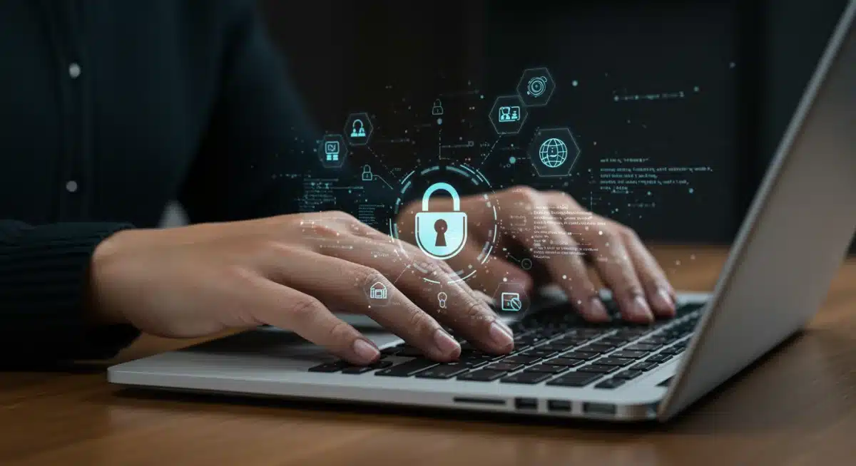 Hands typing on a laptop, displaying cybersecurity code and concepts