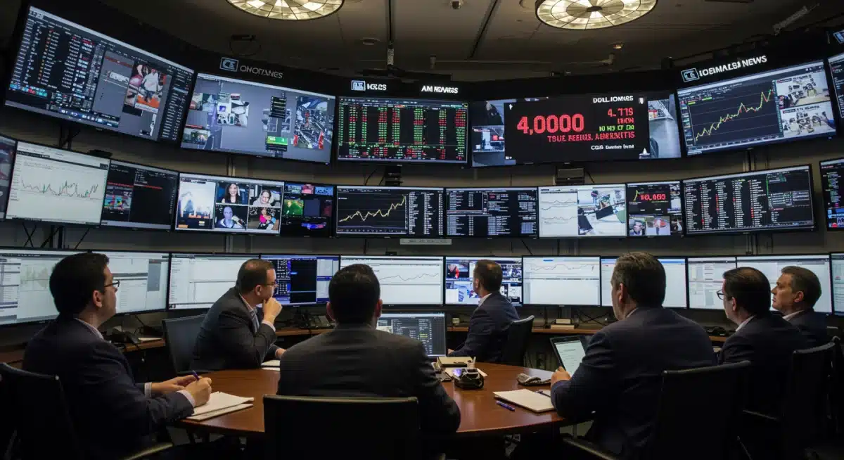 Financial professionals analyzing market data, with Dow Jones 40,000 on screen.