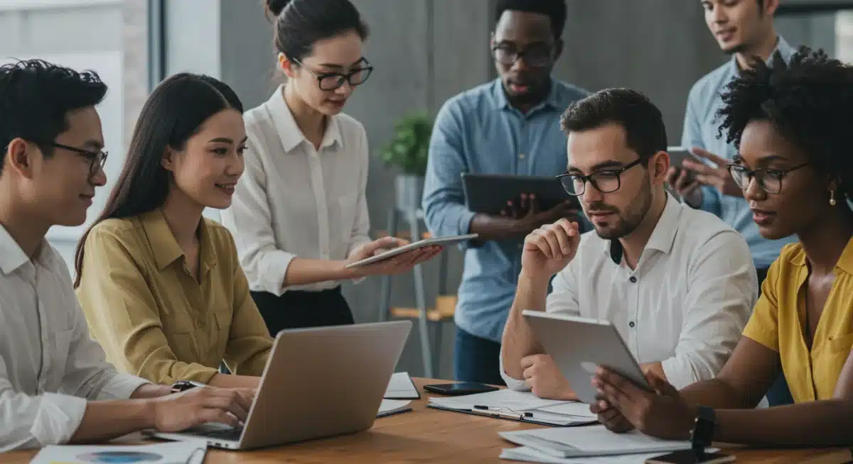 Diverse retail investors reviewing financial information on digital devices.