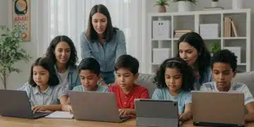 Parents and K-12 students engaged in remote learning at home, overcoming digital challenges.