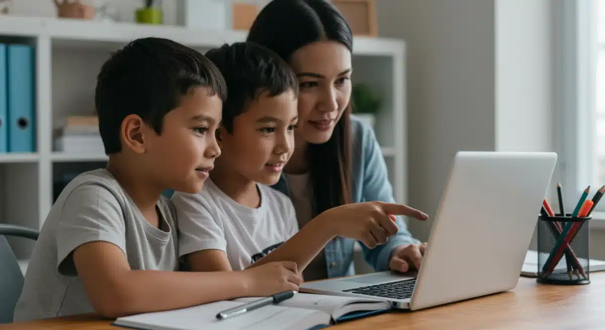 Parent assisting child with remote learning on a laptop in a structured home environment.