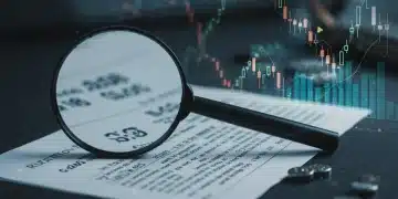 Magnifying glass examining SEC regulations text with digital stock data in the background.