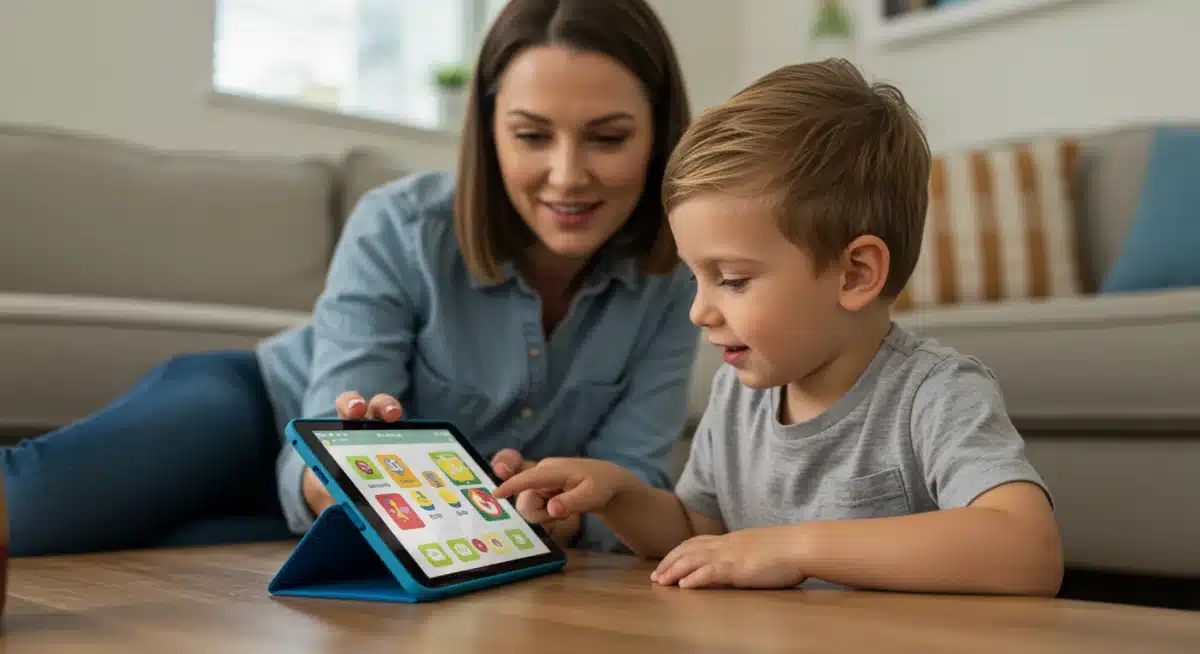 Child using educational technology at home with parent supervision