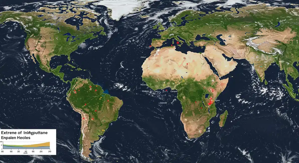 Global climate change impacts on agriculture, showing extreme weather patterns affecting crop yields.