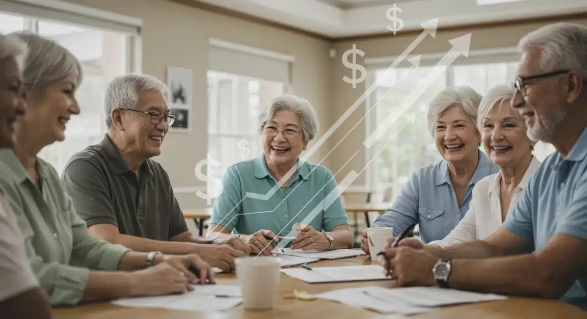 Happy retirees discussing financial well-being in a community setting.