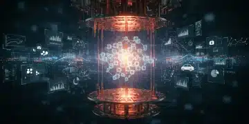 Futuristic quantum computer core with glowing qubits and holographic industry symbols, representing technological breakthroughs.