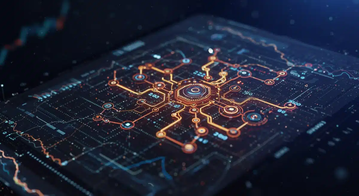 Abstract visualization of quantum financial algorithm processing, showing interconnected nodes and data.