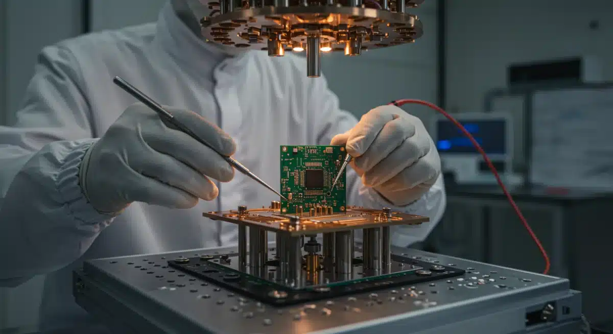 Scientist working on quantum processor in cleanroom, highlighting advanced research and development.