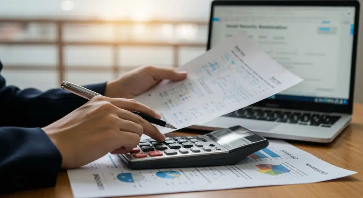 Person calculating retirement finances, reviewing Social Security documents.