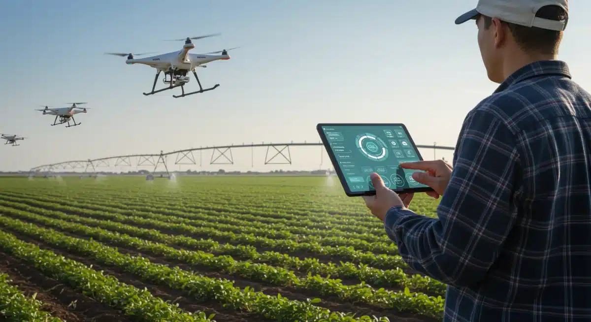 Modern farmer utilizing smart farming technology and precision agriculture for optimized crop management.