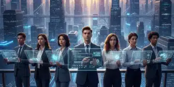 Recent graduates confidently looking at a futuristic city, symbolizing future job market opportunities.